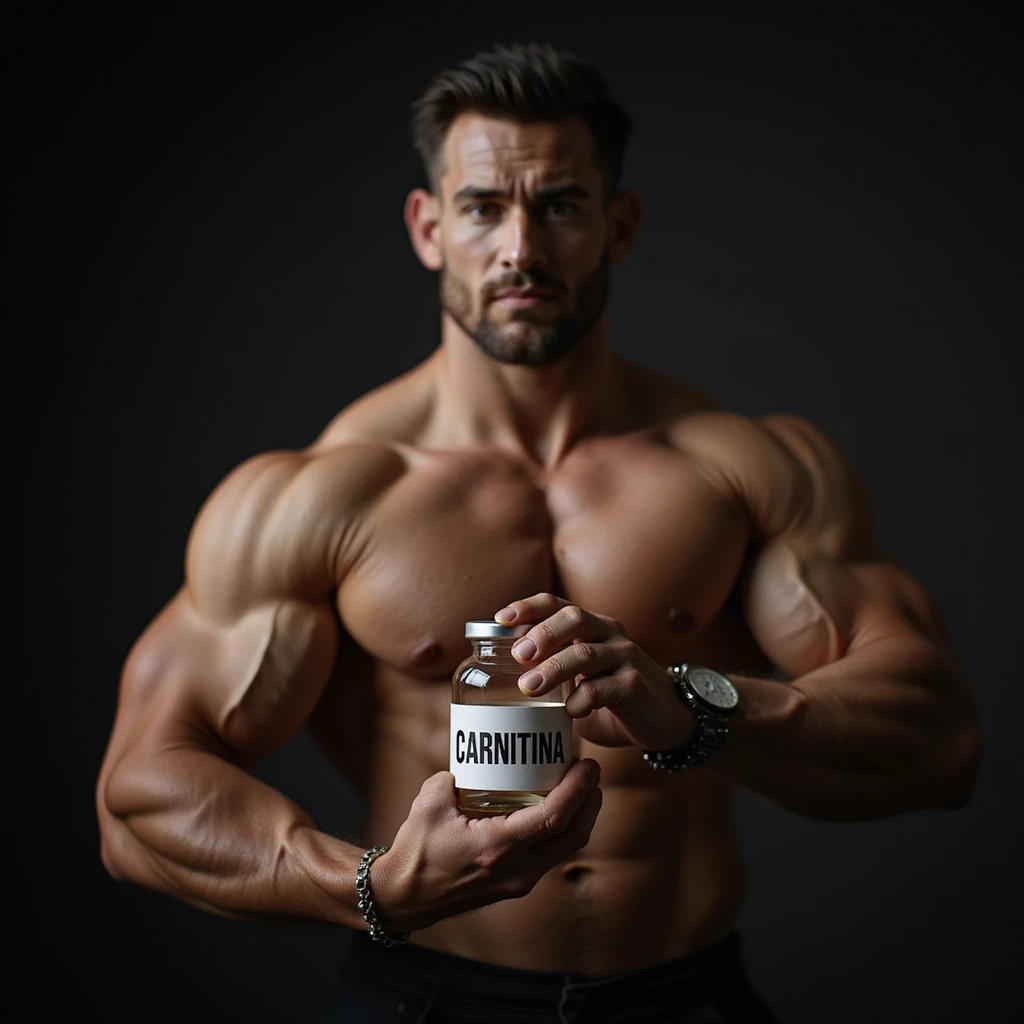 hyperrealistic bodybuilder holding a vial with a clearly visible label reading 'CARNITINA' in large block letters, muscular details, dramatic lighting, 4k quality emoji