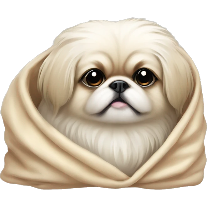 White Pekingese cozy in beige blanket emoji