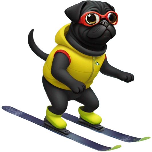 Black pug skiing on a snowy mountain emoji