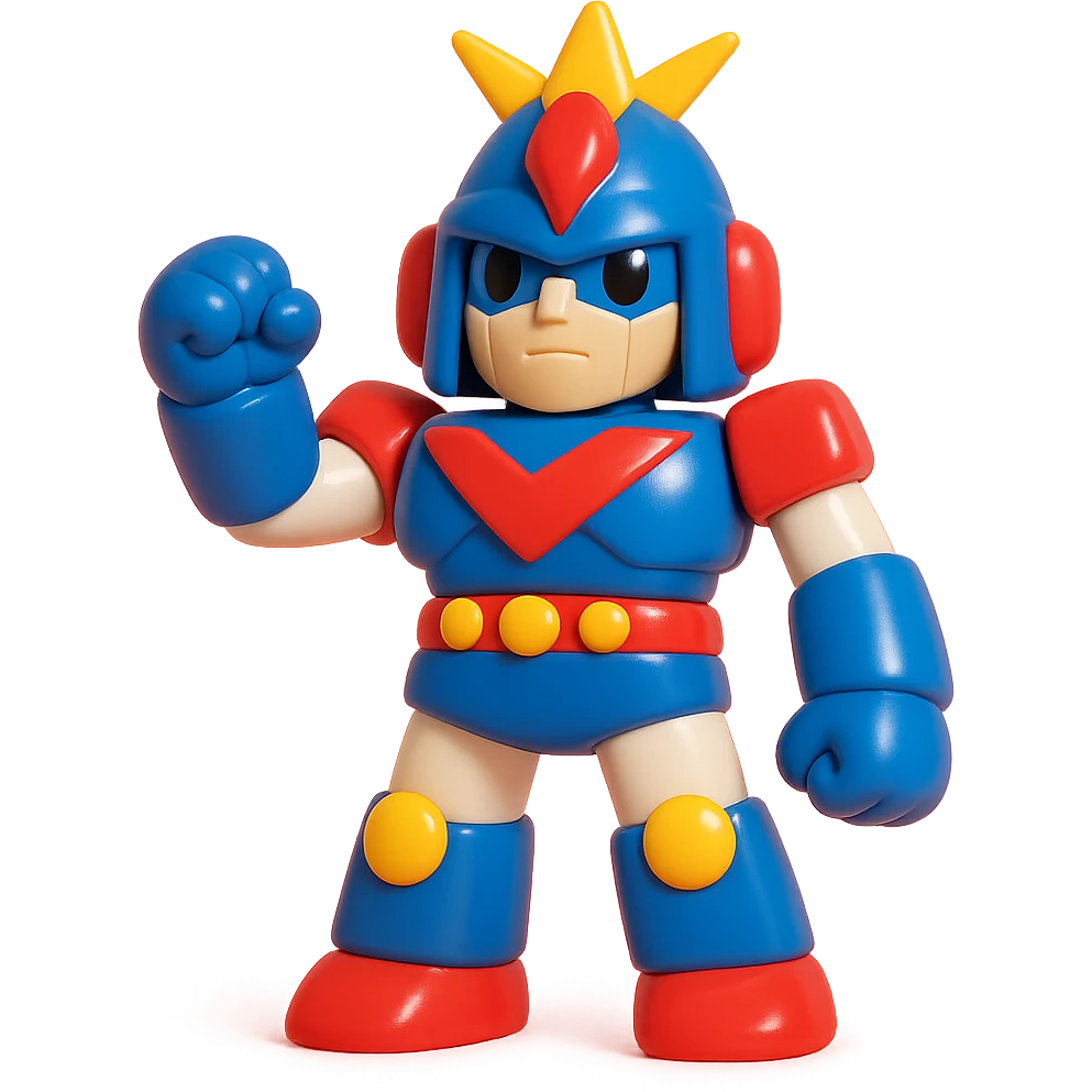 Voltes V robot, 3D toy style, shiny finish, bright colors, heroic pose emoji
