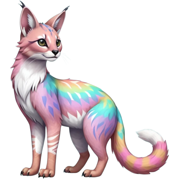 Colorful tropical tribal pale light fruity pastel white glorious iridescent divine exotic cute albino neon vibrant zigzagged cool beautiful fantasy-caracal-civet-genet-sergal-vernid-Gryphon-Cacomistle-Trico-oncilla-animal-Fakémon-hybrid-fursona (full body), facial markings,  emoji