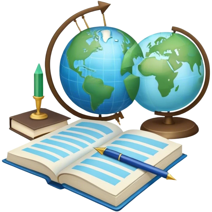 Create an emoji representing language translation. The design should feature a globe in the background, symbolizing international communication. In front of the globe, place two books or sheets of paper with texs on them and a pen nearby to indicate the act of writing. Add two arrows pointing in opposite directions between the sheets to represent the translation process. Use a clean and professional color palette with blues, greens, and neutral tones. Make the background transparent. emoji