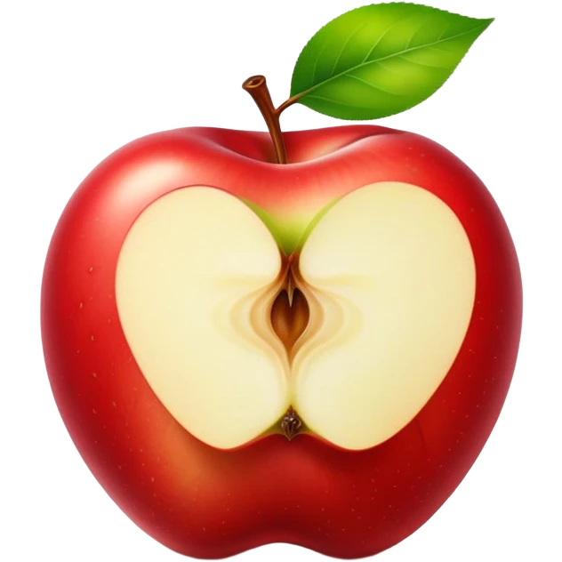 The image shows a bright red, glossy, and plump apple that looks fresh and delicious. A large bite has been taken out of the right side, revealing the juicy, pale yellow flesh inside. At the top of the apple, the stem is still attached along with a fresh green leaf, adding a natural and lively touch. The pure white background makes the vibrant red color and the round shape of the apple stand out even more. emoji