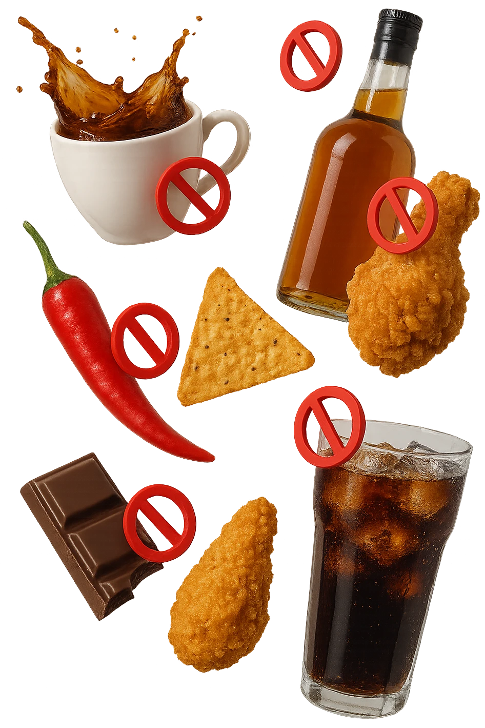 caffeina, alcolici, cibi piccanti, fritti, cioccolato e bevande gassate cadono dall'alto con piccoli divieti in 3d, iperrealistico 4k emoji