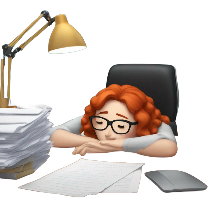 red hair woman wearing glasses taking nap desk monitor stack paper emoji