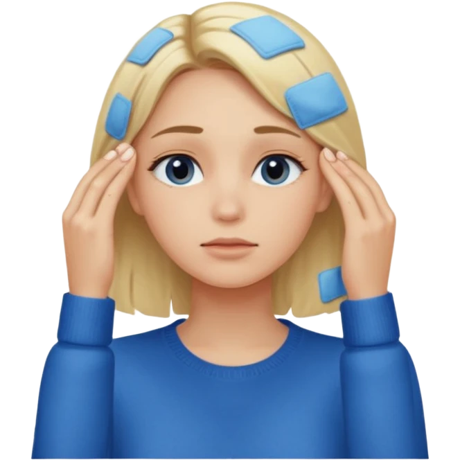 Girl massaging her head with blonde hair with anti-dark circles patches dressed in a blue sweater emoji