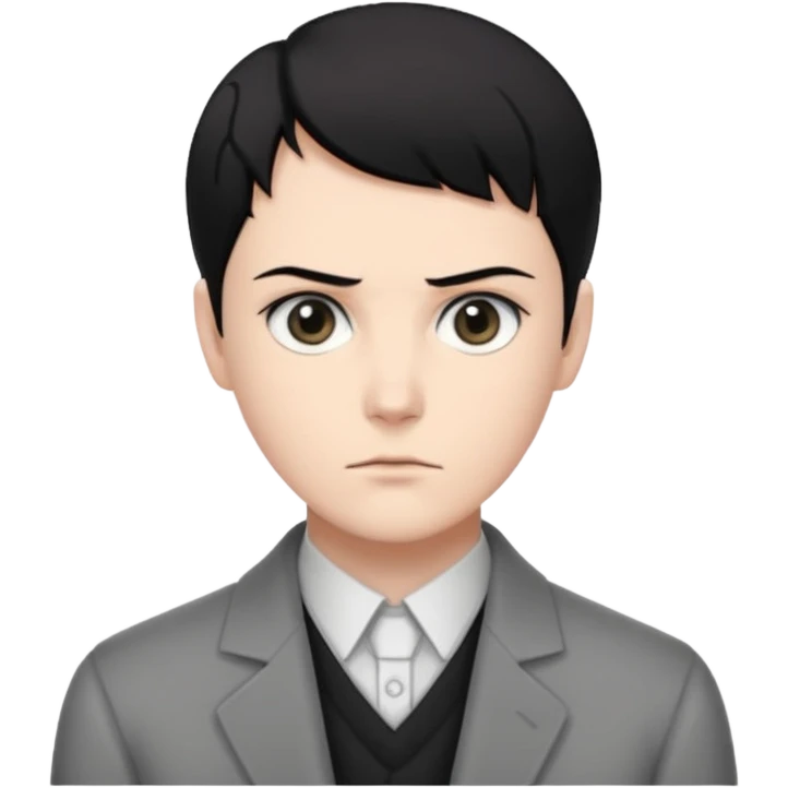 short black neat hair, sharp dull gray eyes, pale skin, serious expression, upright posture, minimal accessories, sharp and precise style. Levi Ackerman  emoji