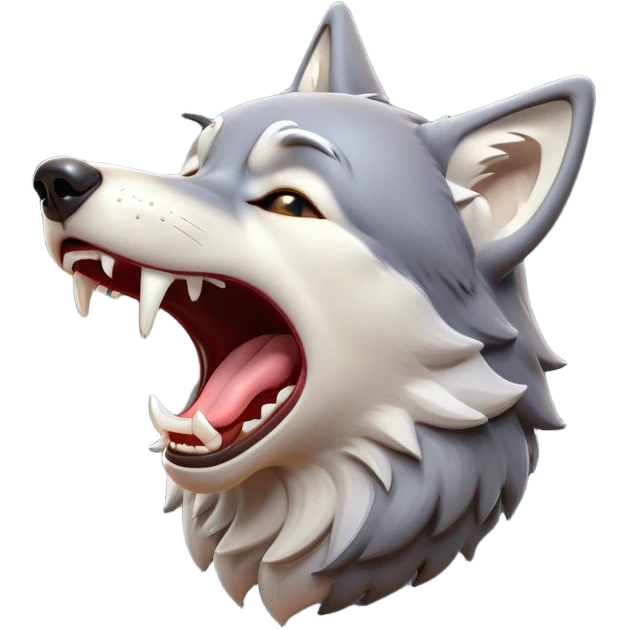 Cinematic Cute Yawning Wolf Portrait Emoji, Head tilted slightly with a dramatic, wide-open yawn, showcasing a smooth grey and white Fur with drooping ears, round eyes barely open in drowsy contentment, Simplified yet irresistibly adorable features, highly detailed, glowing with a soft, cozy glow, high shine, relaxed yet expressive, stylized with a touch of wild whimsy, bright and endearing, soft glowing outline, capturing the essence of a sleepy yet affectionate wolf, so drowsy it feels like it could stretch out of the screen and curl up for a nap! emoji