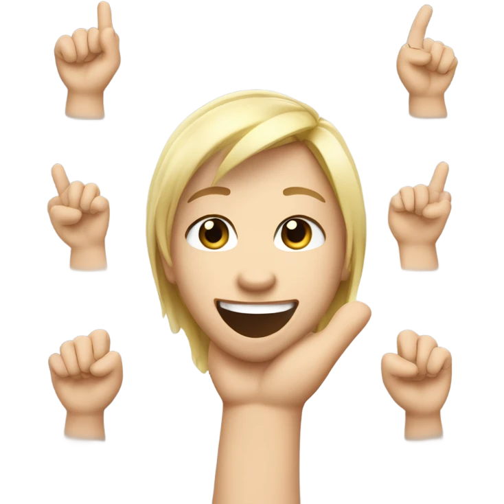 Create a cute, cartoon-style emoji with a neutral, joyful expression. should have blonde hair and light brown eyes, resembling Melina, with a hand raised making the 'rock and roll' gesture index and pinky fingers up, others folded. emoji