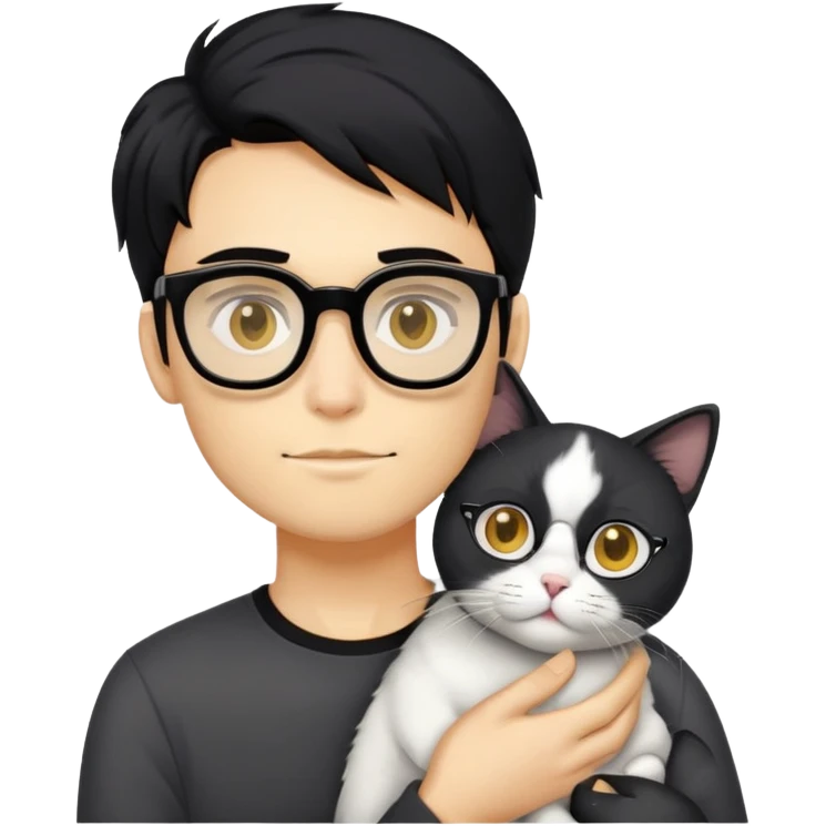 A young man with a long face and warm yellow-toned skin, black hair, wearing a pair of black glasses, cradling a grayish-white cat emoji