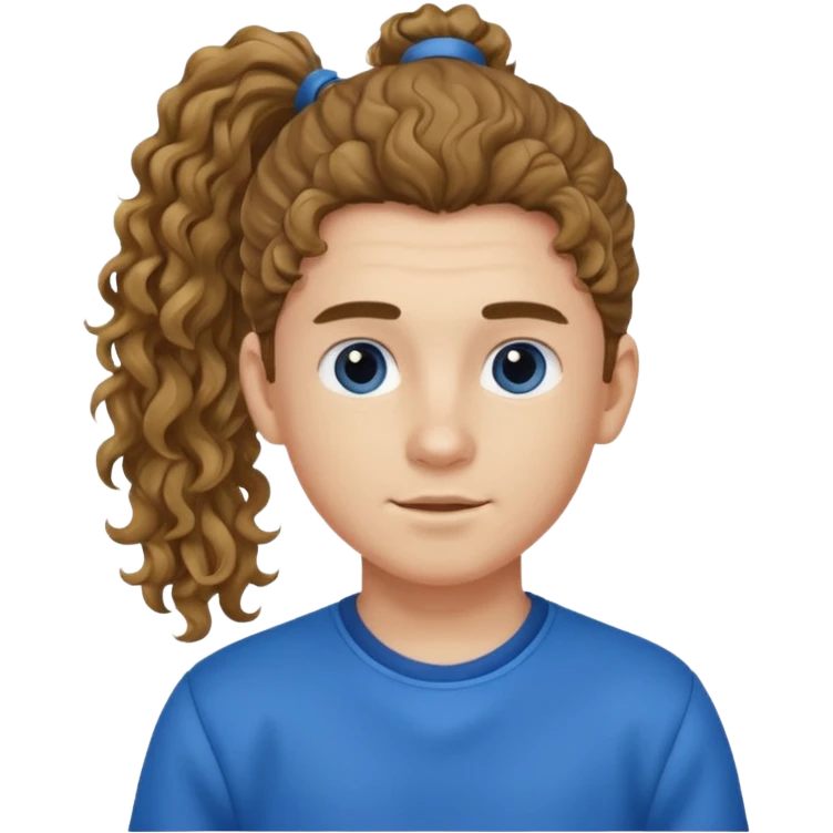 یه پسر با موهای  بلند و فرفری با لباس ابی موهاش رو دُم اسبی  بسته باشه emoji