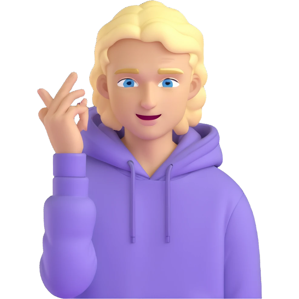 blonde man with blue eyes, lilac hoodie, winking emoji