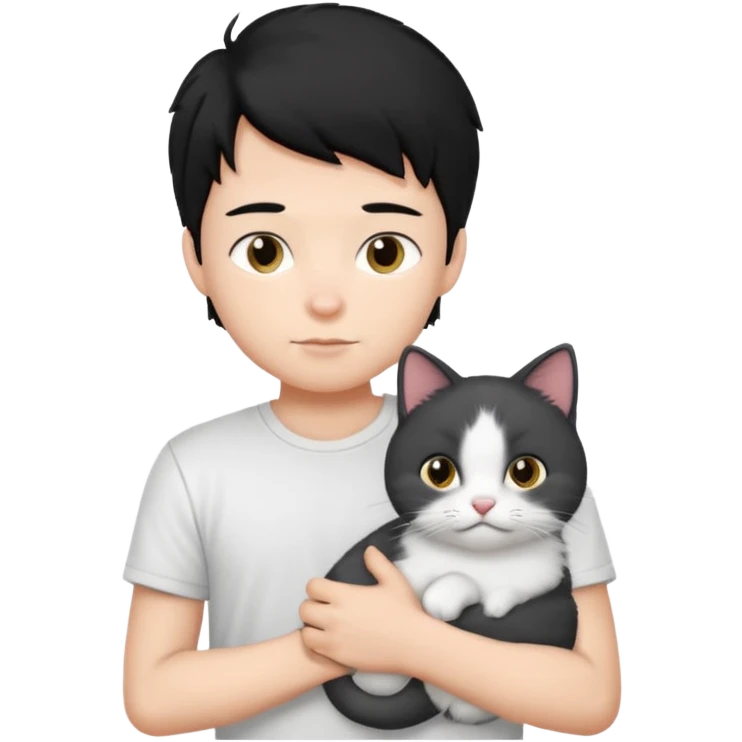 generate a pretty bratz emoji of a boy with black hair wearing a white tshirt and holding a cat emoji