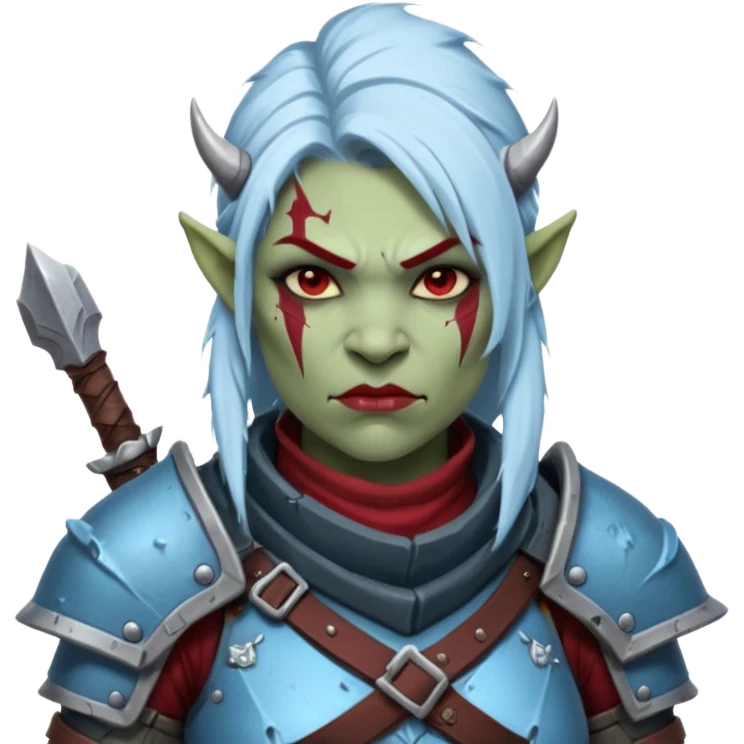 Fantasy Christmas orc legion soldier icon, iron tundra army theme, heavy winter armor, disciplined brutal look, cold steel armor cracked with frozen crimson lines, bloodfrost effect, icy blue and dark red color palette, minimal clean emoji style, female variant emoji