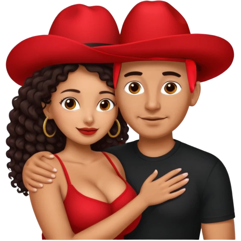 A picture of an embracing tanned couple. the man is a Mexican man with tanned skin, with a bald hair cut wearing a red hat and wearing a black shirt. the woman is mixed, with glasses,  with long curly dark brown hair and with big boobs. Remove the glasses from the guy emoji