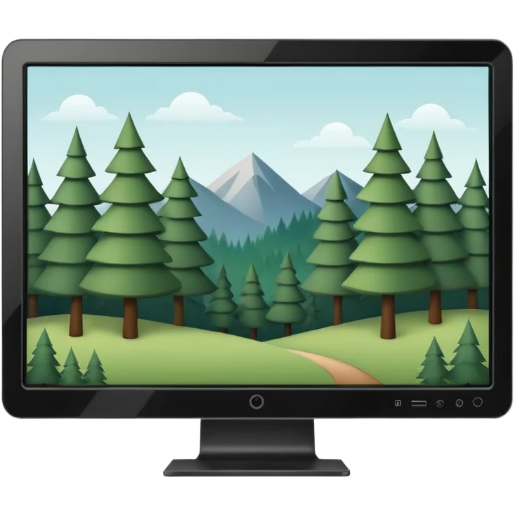 Minimalistic flat vector icon, iOS style, thin black contour on white background. Computer monitor with a simple forest scene on the screen (trees, minimal landscape). Clean, no text, no shadows emoji