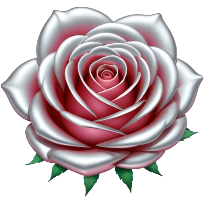 A rose emoji made of liquid silver metal, smooth metallic petals, reflective chrome surface, soft gradients, elegant shape, minimalistic iOS emoji style, centered, clean white background, realistic highlights, no text emoji