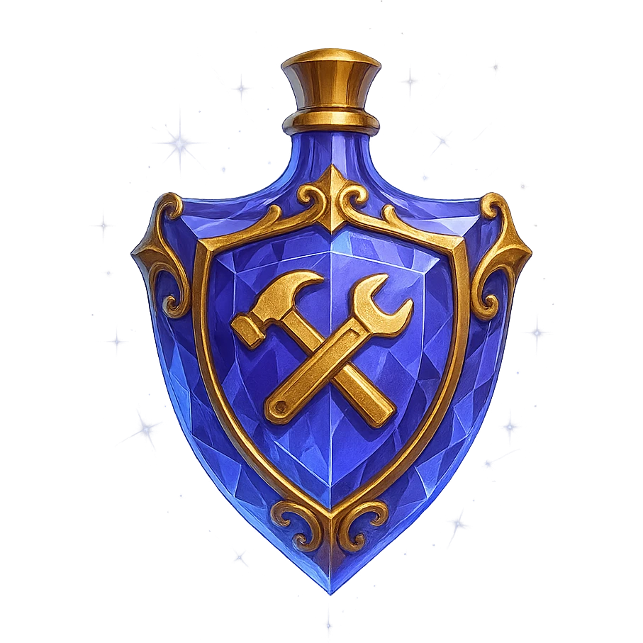luxurious crystal elixir bottle in shield shape, color #7986cb, with 🛠 symbol on the bottle, lots of shining, edges, ornaments, golden details, magical effects, very small golden neck, transparent background, beautiful, seamlessly merging bottom, bottle clearly floating in air, no base or shadow, modern, fits a collection emoji