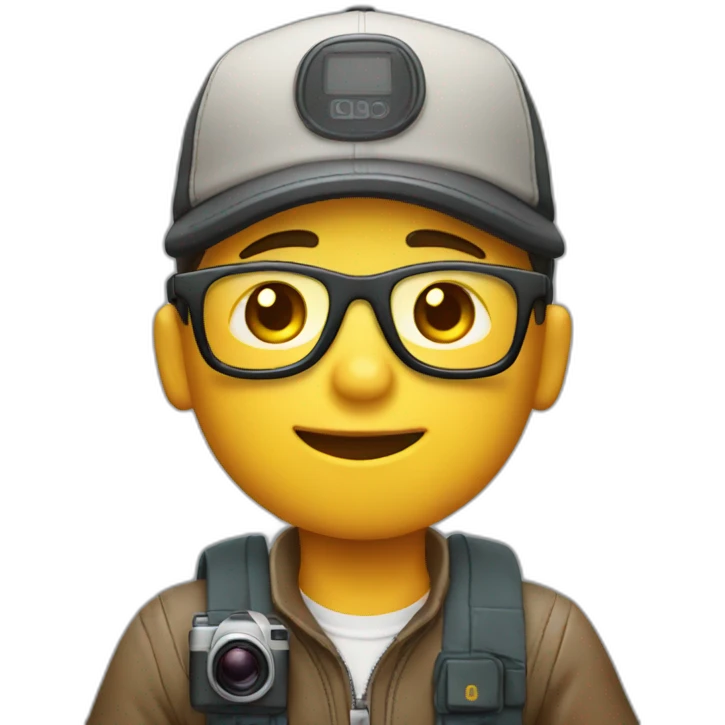 boy with cap and glasses and analog camera in his hands emoji