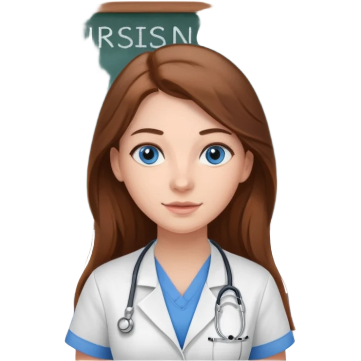 inside a classroom at university that says nursing school on the board with a pretty female nursing student with long brown hair, blue eyes emoji