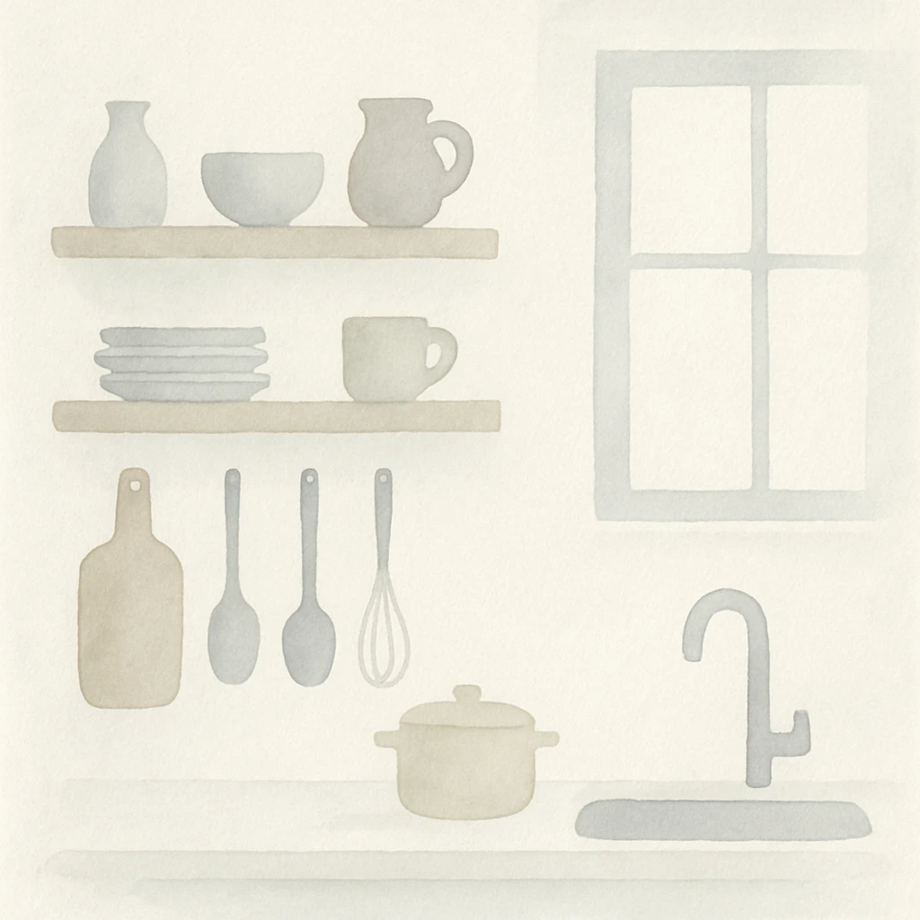 kitchen room with open shelves, utensils, and a window in watercolor art style emoji