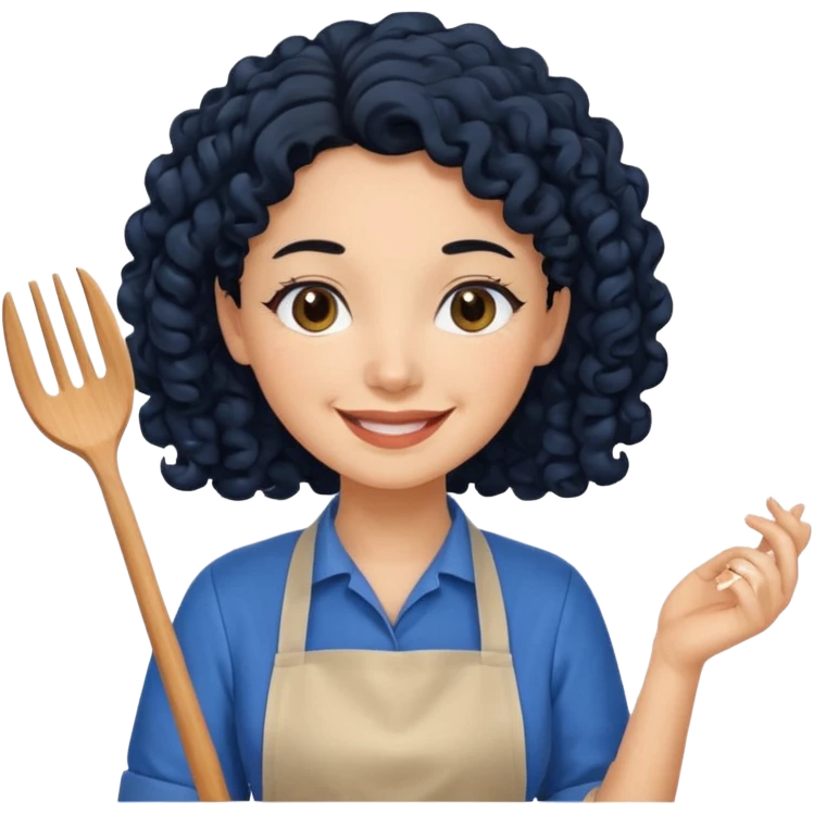 woman with curly black hair in blue apron emoji