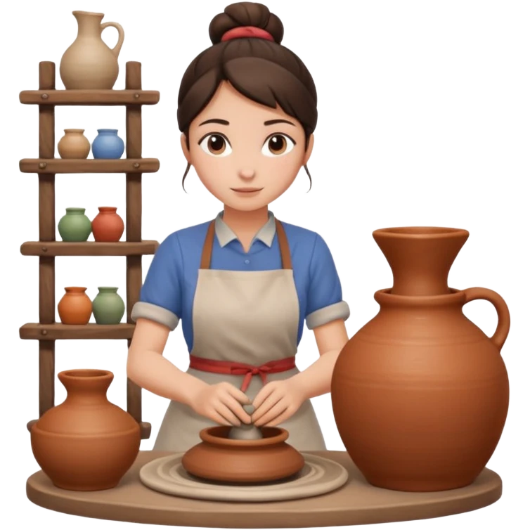 Brunette girl with bun, behind pottery wheel emoji