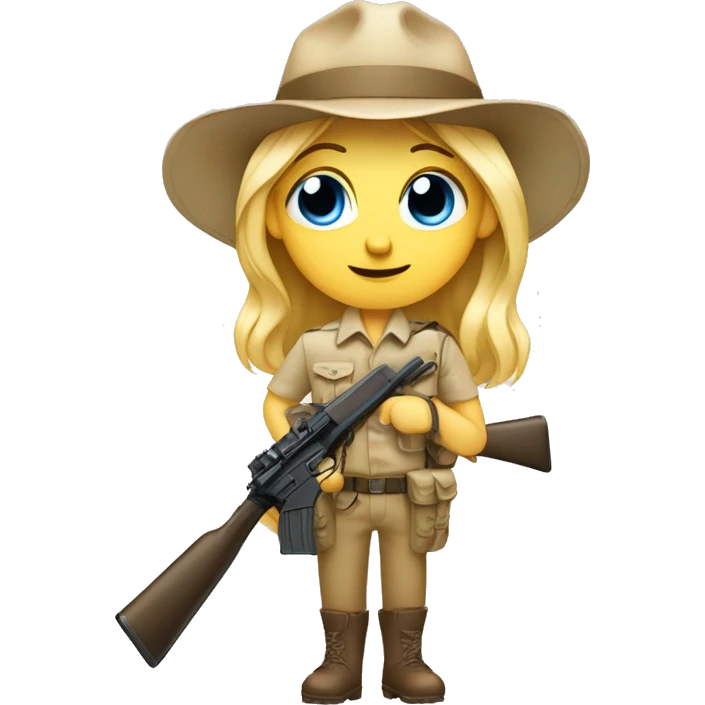 Blonde blu eyed emoji with mustache in safari outfit and rifle emoji