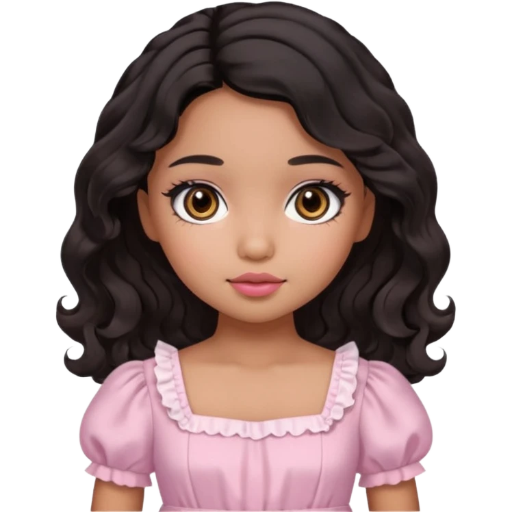 Tan skin girl, brown Asian eyes, black soft wevy hair, doll  beabadoobe makeup, baby pink Victoria dress  emoji