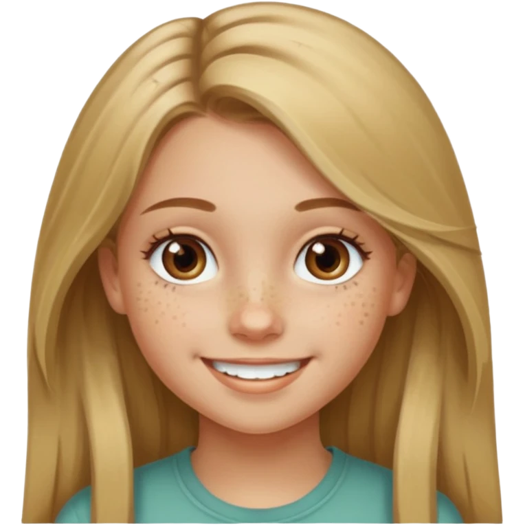 A smiling young girl with long dirty blonde hair and hazel green and brown eyes emoji