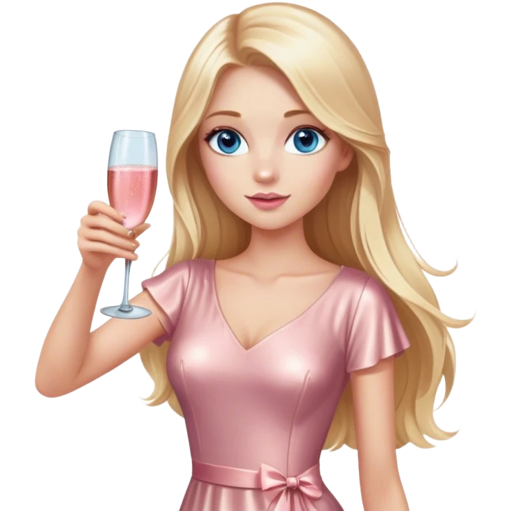 Pretty Blonde with long hair model, blue eyes, wearing a rose gold dress with short sleeves, raising a glass of pink champagne emoji