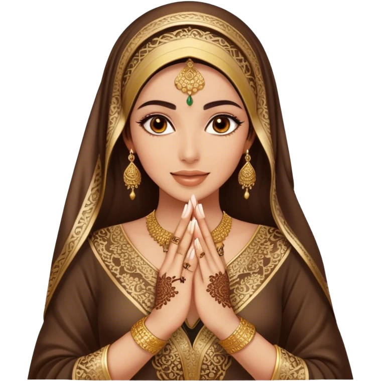 An Arab woman,showcasing her beautifully adorned hands with intricate henna designs  and long, elegant nails. She wears multiple gold rings that complement her shimmering golden Arabic traditional abaya emoji