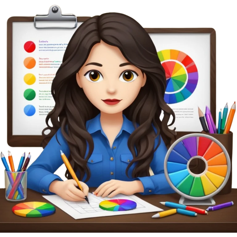 female dark wavy long hair graphic designer , color wheel, pens, papers , desktop emoji