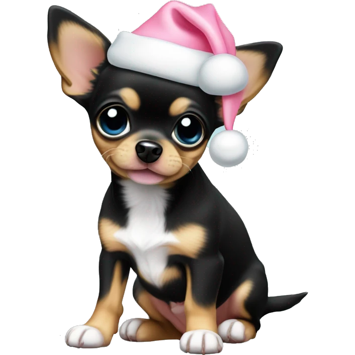 black & tan chihuahua puppy full body light blue eyes pink christmas hat on emoji