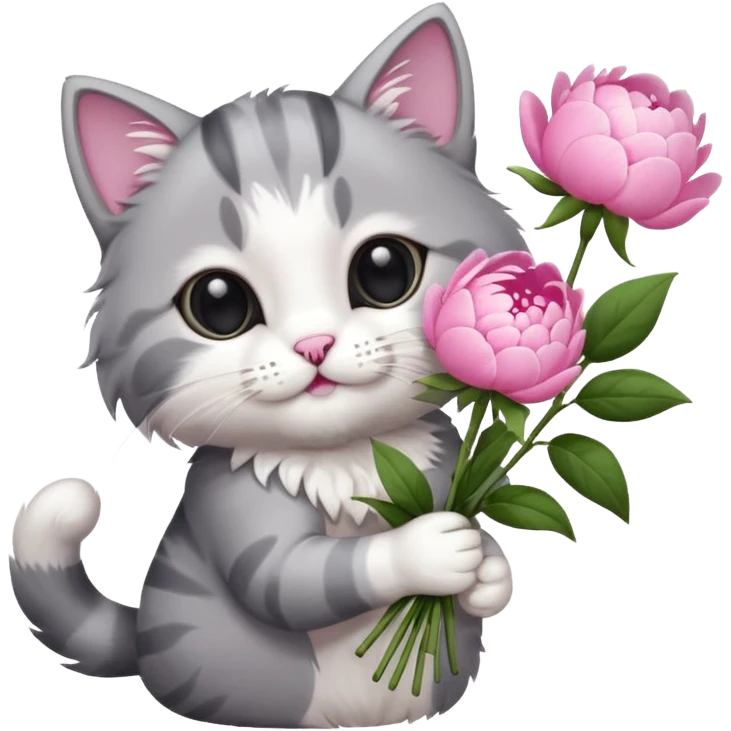 Cute cat Handing pink peonies like reaching a hand and handing them out a bouquet of them not a physical hand the cats hand  make the cat fluffy and grey and white fluffier emoji