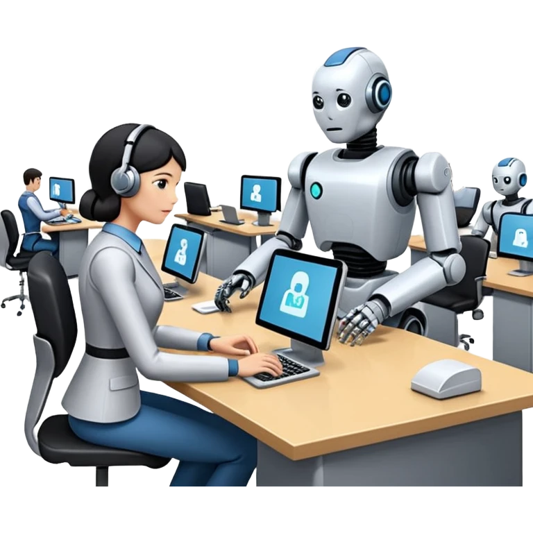 Digital Labour as an example of Agents at work in a workplace setting. I want to see a traditional office worker and a support co-worker that is an AI Agent [Not a Robot]. I DO NOT WANT images of ROBOTS! emoji
