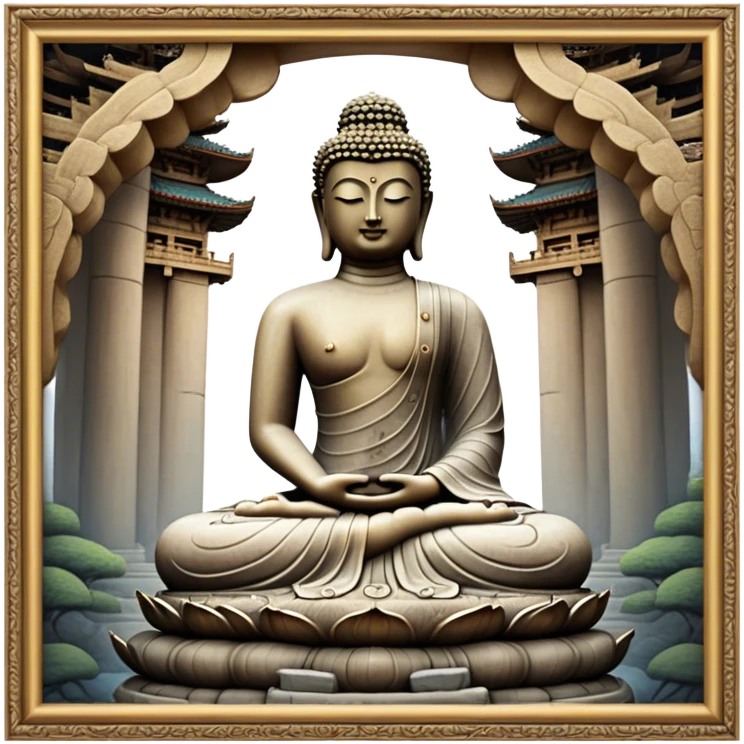 Cinematic Realistic image of the Big Buddha Monument of Sinheungsa Temple, portrayed as a towering, serene Buddha statue carved from weathered stone with intricate details and a gentle meditative expression, set within an ancient temple landscape enveloped in soft, ethereal lighting that underscores its spiritual majesty. emoji