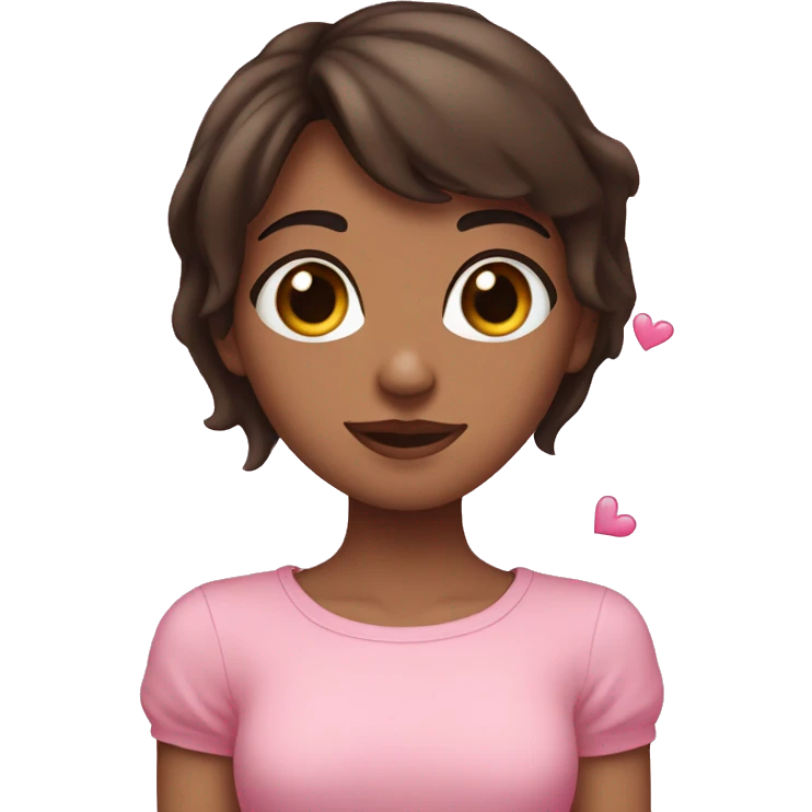 short-medium hair brunette girl making hearts with her hand and pink hearts around her and has heart eyes pink  emoji