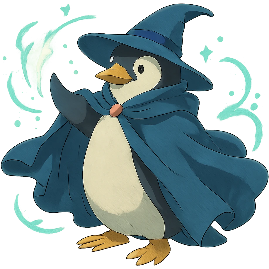 ghibli style penguin wizard with a flowing cloak and magical aura emoji