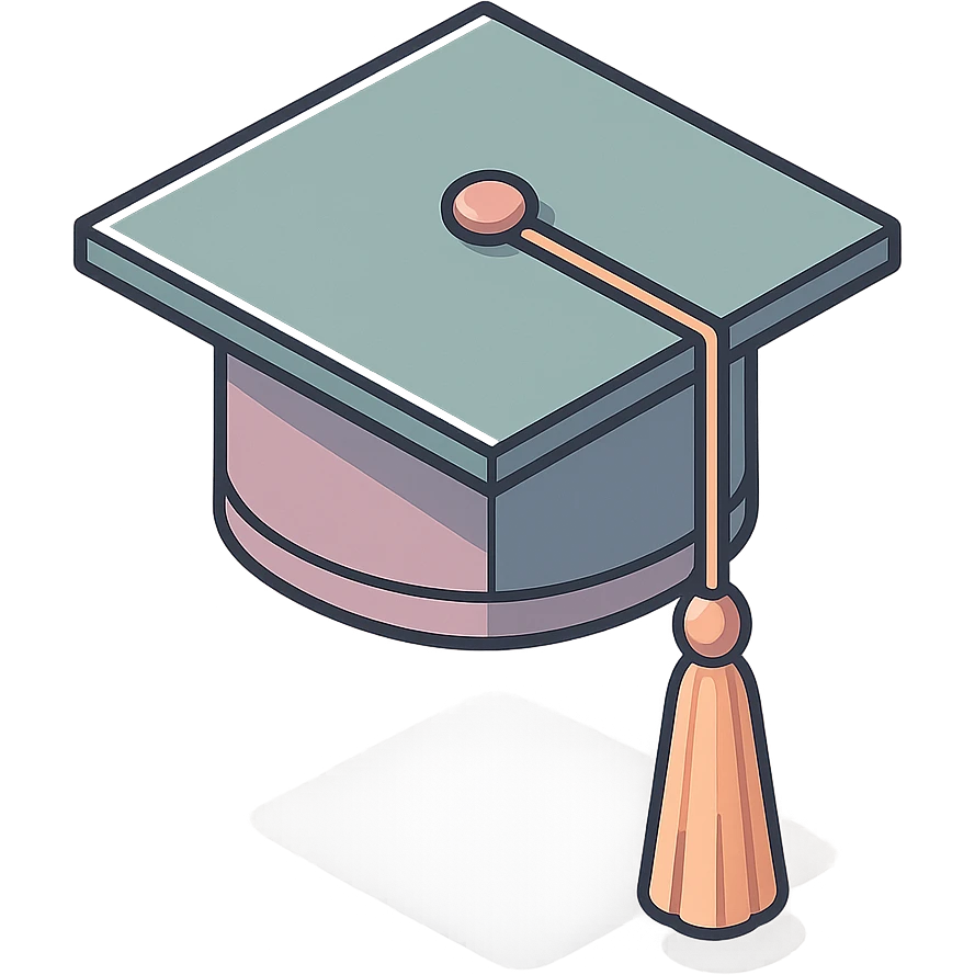 academic graduation cap with long tassel, 2D isometric style, sharper angles, high detail, pronounced shadows and highlights, clean lines, minimalist eastern accent, pastel palette #98B5BC, #B5B3C1, #C9A3C9, #E4C0CA, #F7DCD1, #F7C0AA, transparent background emoji