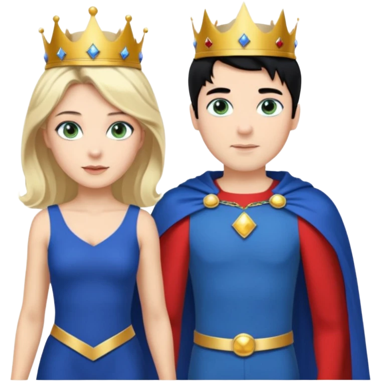 Prince with crown, blue cape and trousers, body and legs, black hair, blue eyes, woman blonde hair, green eyes, sexy white short sleveless dress,  emoji