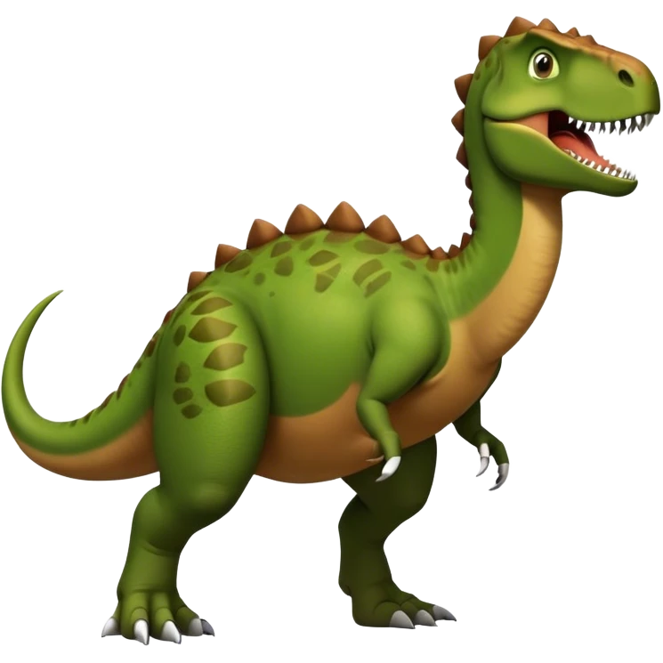 A large, herbivorous dinosaur with a sturdy, muscular build and a beaked mouth. Its skin is green and brown. It has a distinctive thumb spike on each hand, strong hind legs for walking, and a long, balanced tail emoji