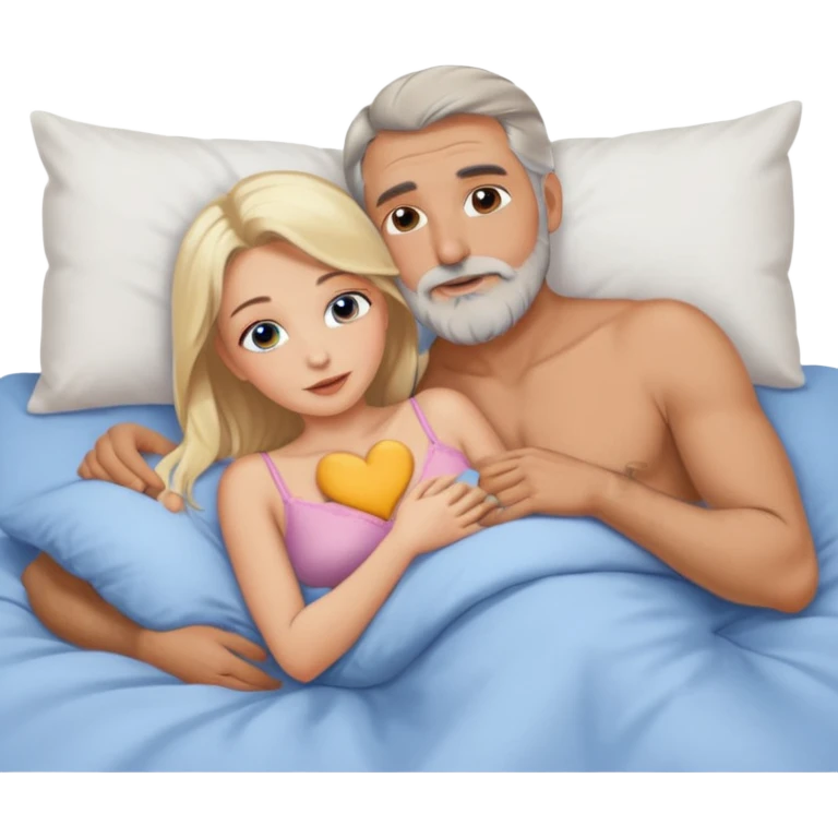 Cuddling Man with hazel eyes and gray beard kissing sexy  blonde blue-eyed  woman in bed emoji