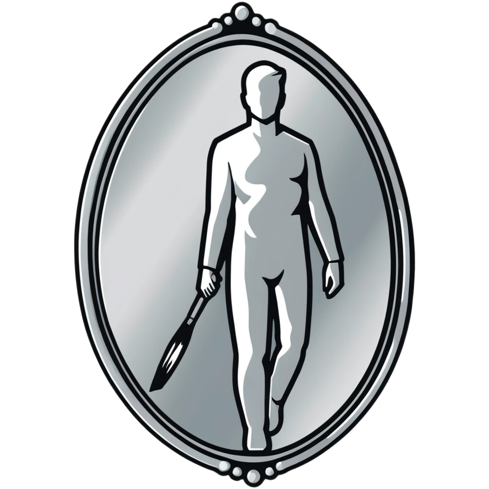 A paintbrush transforming into a silver human silhouette sculpture emblem, symbol of artistic identity, with a mirror-like silver metallic finish emoji