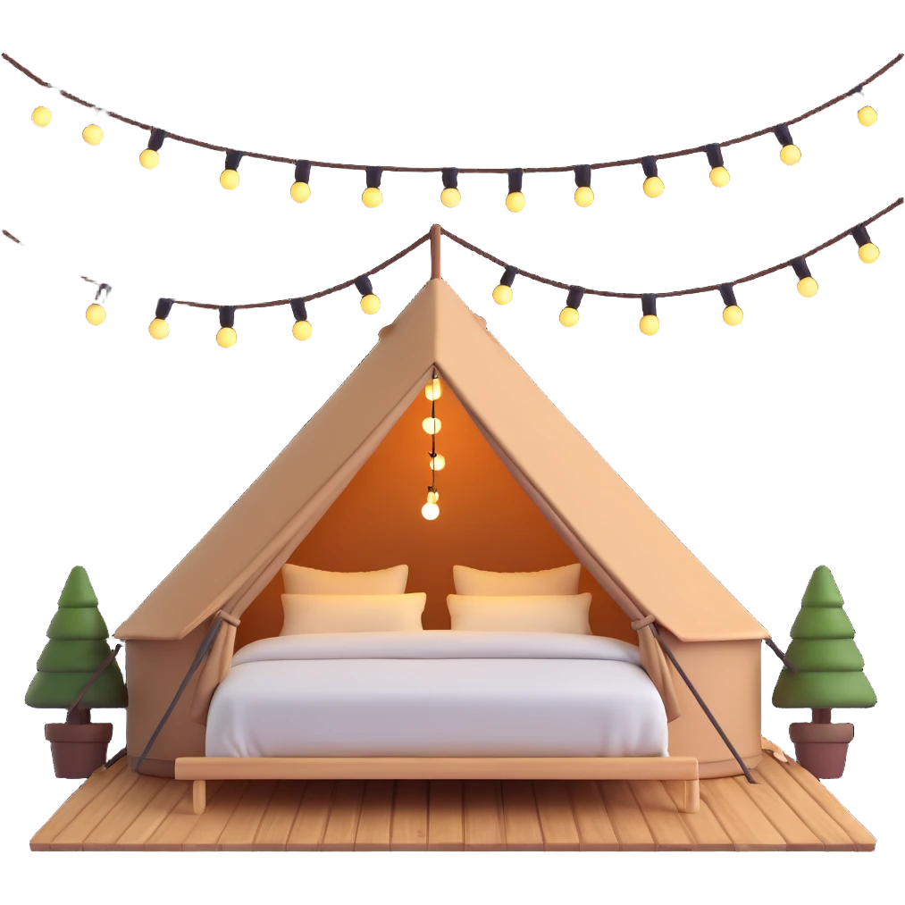 glamping luxury tent with string lights and comfortable bed emoji