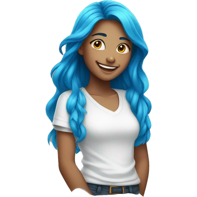 A girl with long blue hair and a white shirt smiles emoji