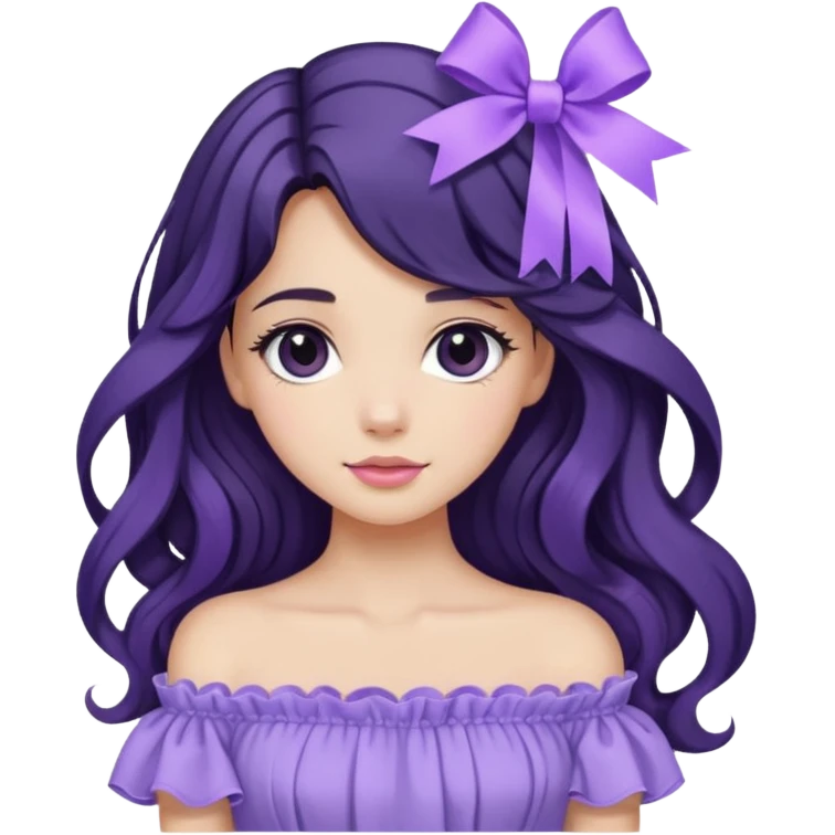 Girl with black wavy long hair and a ribbon hair clip beside it make it look like wearing a lavender off shoulder  emoji