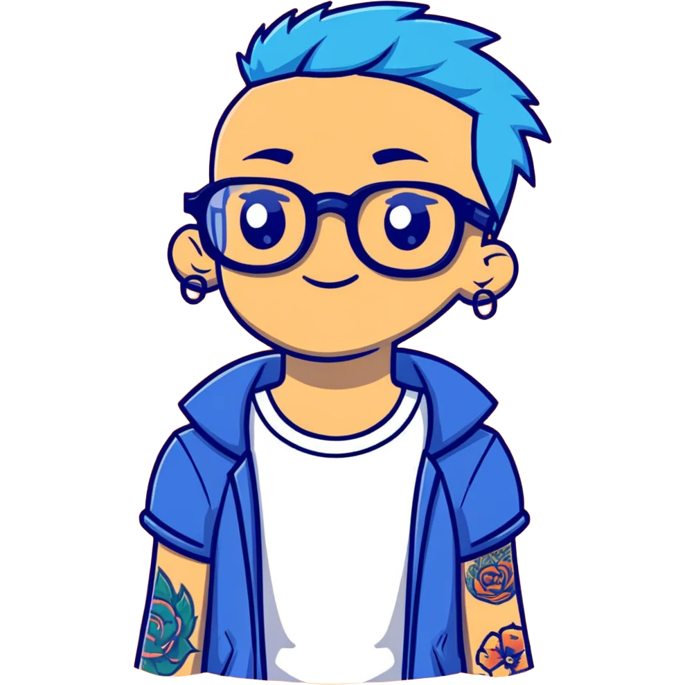 person with blue hair, glasses, and tattoos emoji