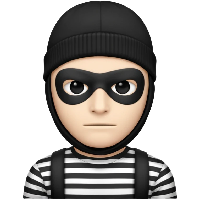 A robber emoji that shows the head and to the collar bone he is 2d and is staring straight at the screen and his body is also towards the screen t-shirt with horizontal black and white stripes and a black beanie on his head and a black mask just around his eyes emoji