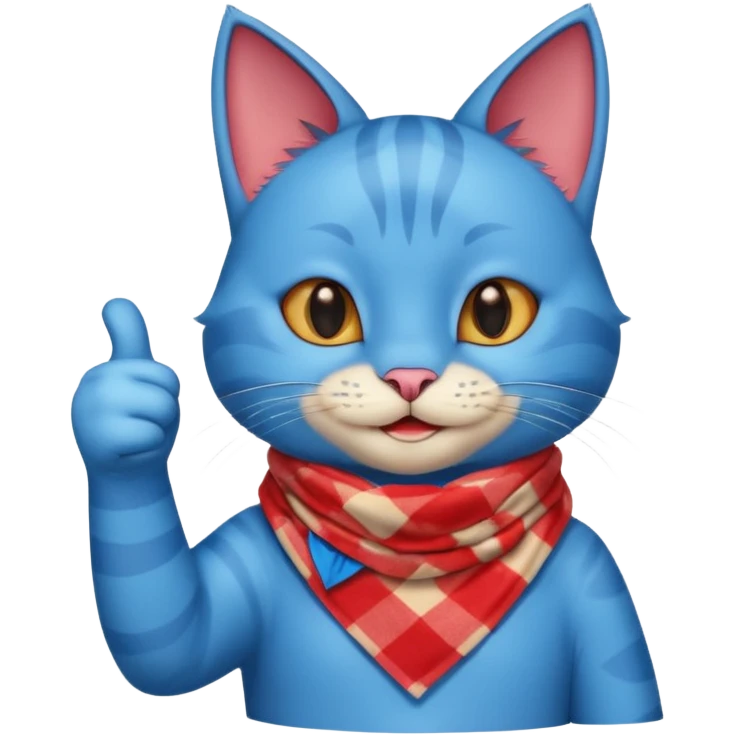 A Blue Cat smiling and giving thumbs up, wearing red Checkered Triangle scarf emoji